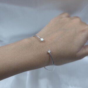 14Kt Gold Opal and Lab Grown Diamond Open Cuff Bangle